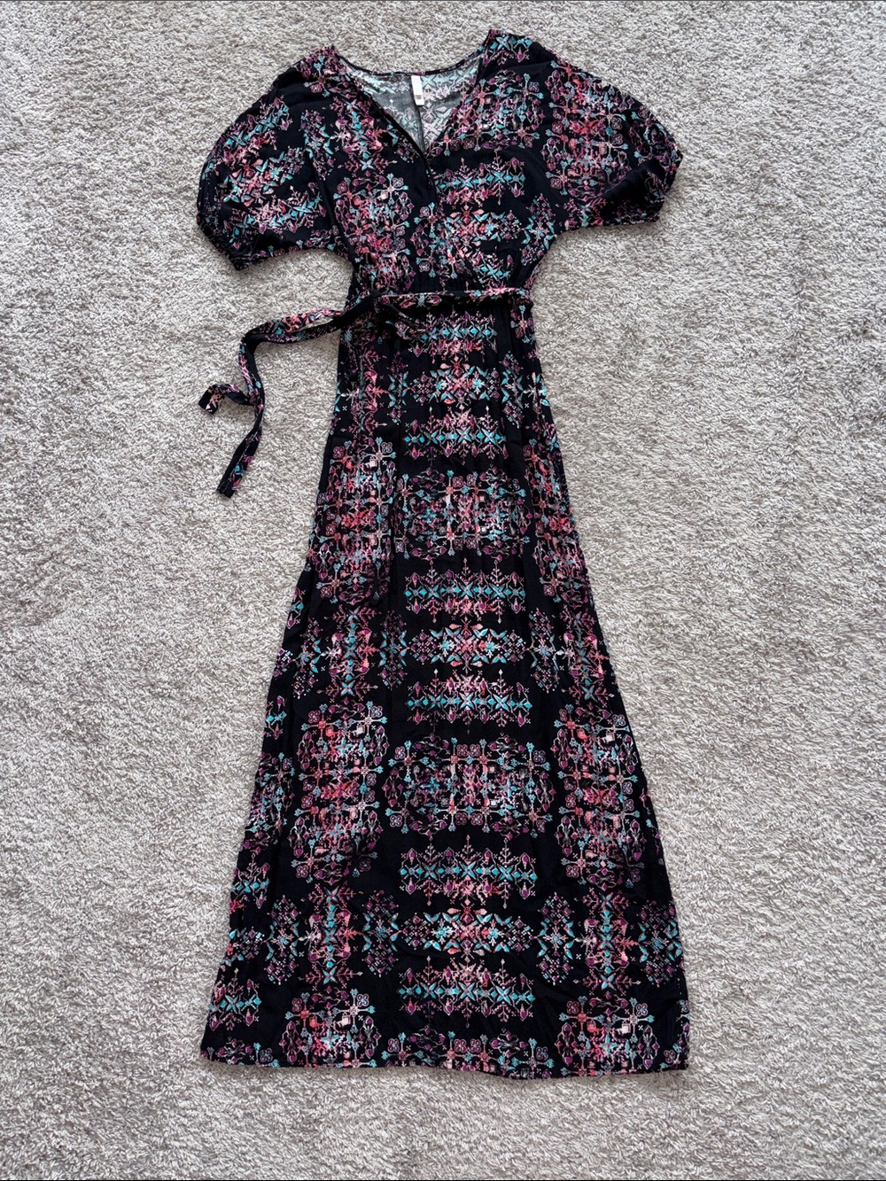 Black Floral Maxi Dress with Pink & Teal Accents